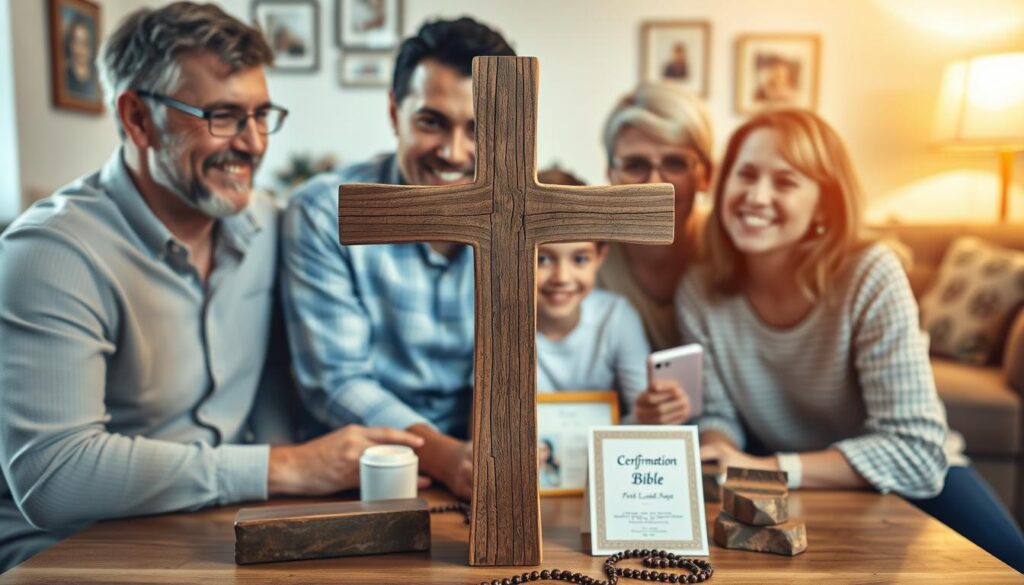 A close-knit family gathered around a simple but meaningful display of spiritual milestones. In the foreground, a lovingly crafted wooden cross, its weathered surface a testament to the family's journey. Surrounding it, carefully arranged mementos - a child's first Bible, a confirmation certificate, a pair of worn rosary beads. The middle ground is bathed in soft, warm lighting, creating a sense of reverence and contemplation. In the background, a hint of a cozy living room, with family photographs and a comfortable armchair, suggesting a space of reflection and connection. This image conveys the importance of acknowledging and celebrating the spiritual growth of a child within the loving embrace of a faithful family.