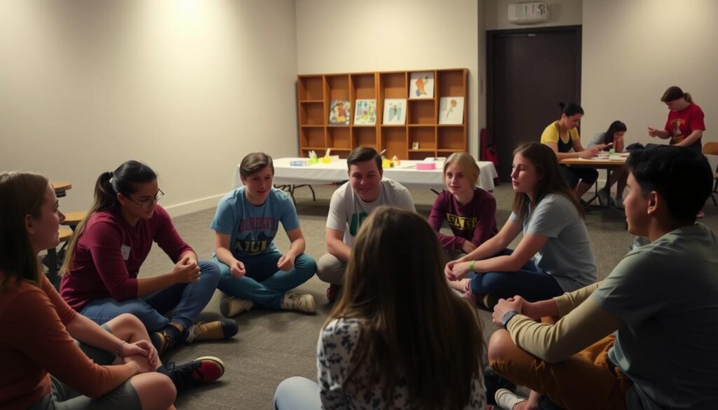 A well-lit indoor scene of a youth group gathering, with a group of teenagers engaged in various activities. In the foreground, a circle of young people are seated on the floor, hands clasped, engaged in a thoughtful discussion. In the middle ground, a few others are playing a cooperative game, their faces alight with friendly competition. In the background, a couple of teens are creating arts and crafts projects at a long table, their concentration evident. Soft, warm lighting illuminates the space, creating a cozy, welcoming atmosphere. The overall mood is one of community, connection, and spiritual exploration.