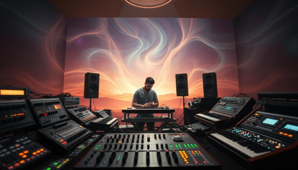 A serene, ethereal scene depicting an ambient synthesis layers walkthrough. In the foreground, a wide array of synthesizers and sound modules, artistically arranged, their knobs and lights glowing softly, creating a warm, inviting atmosphere. In the middle ground, a calm music producer, dressed in casual yet professional attire, is focused intently on tweaking settings, surrounded by cables and sound equipment. The background features a dreamlike landscape of swirling colors and soft light patterns, evoking a sense of exploration and creativity. The lighting is soft and diffused, simulating a twilight ambiance, with lens flare effects enhancing the dreamy quality. The overall mood is tranquil and inspiring, inviting the viewer into this immersive sound creation experience.