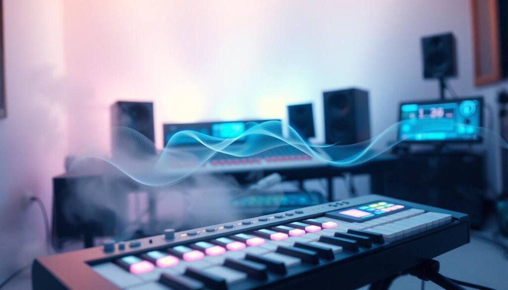 An ethereal, dream-like studio setting, showcasing a sleek synthesizer with glowing keys and a vibrant interface, placed prominently in the foreground. In the middle ground, delicate soundwaves and flowing digital visualizations swirl in a harmonious dance, embodying the concept of layering reverb and effects. The background features soft, ambient lighting with hues of pale blues and purples, evoking a tranquil atmosphere. A blurred-out mixing console and effects pedals line the back, subtly hinting at the technology behind lush, airy pads. The composition has a slight upward angle, drawing the viewer into the serene world of ambient soundscaping. A gentle mist or haze adds to the dreamy quality, enhancing the sense of depth and creativity in music production.