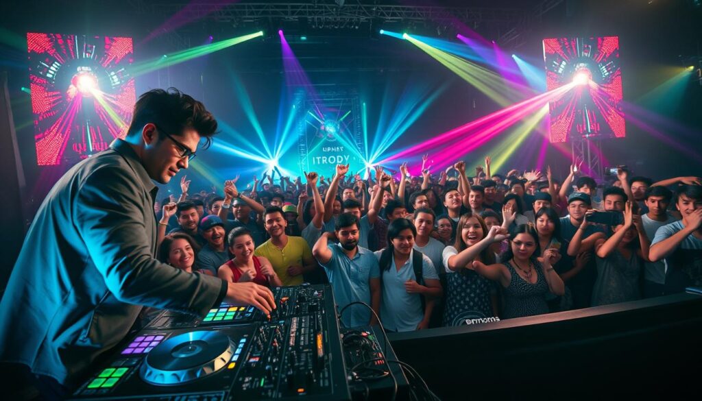 A dramatic, high-energy scene depicting the concept of "Pre-Drop Silence Release Technique" in a lively music event. Foreground features a DJ at a vibrant turntable, immersed in the moment, wearing stylish, professional attire, with intense focus on their mixing console. In the middle, a diverse crowd of excited festival-goers, expressing anticipation and engagement, some with hands raised, all wearing colorful casual clothing. The background reveals a pulsating light show, with beams of vivid colors illuminating the scene, creating an electrifying atmosphere. The lighting is dynamic, highlighting the contrast between dark and bright, evoking a sense of suspense and impending excitement. The image captures the collective energy in the air, embodying the build-up before the music drops, with an emphasis on unity and anticipation.
