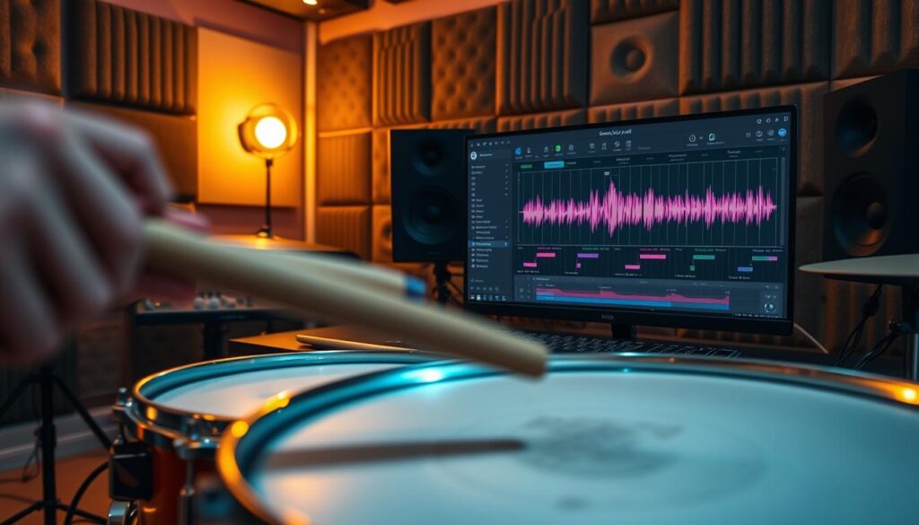 A dynamic music production workspace featuring a close-up of a snare drum being played, emphasizing the action of a snare roll build-up technique. In the foreground, focus on the snare drum, with drumsticks blurred in motion to capture energy and movement. The middle section shows a digital audio workstation (DAW) screen displaying waveforms and MIDI notes for pitch ramps and noise sweeps, conveying the build-up process. The background should be a cozy studio filled with acoustic panels, warm lighting creating a vibrant atmosphere. Use a shallow depth of field to highlight the snare drum and DAW while softly blurring the surroundings. The overall mood should be intense but creative, reflecting the excitement of musical build-up.
