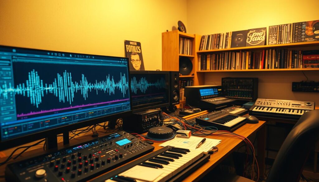 A creative audio editing workspace showcasing advanced resampling techniques. In the foreground, a sleek digital audio workstation screen displays waveforms with stunning visual effects like textures, stutters, and glitch elements. Surrounding the screen, various audio editing tools such as knobs, sliders, and a MIDI keyboard contribute to an organized yet eclectic vibe. The middle ground features a well-appointed desk cluttered with sound design notes and colorful patch cables connecting various vintage synths, hinting at a vibrant and dynamic workflow. The background is softly lit, with warm lighting creating an inviting atmosphere, while shelves lined with music production gear and records add depth. The angle captures the scene from a slightly elevated perspective, allowing for an immersive view of the intricate world of audio manipulation.