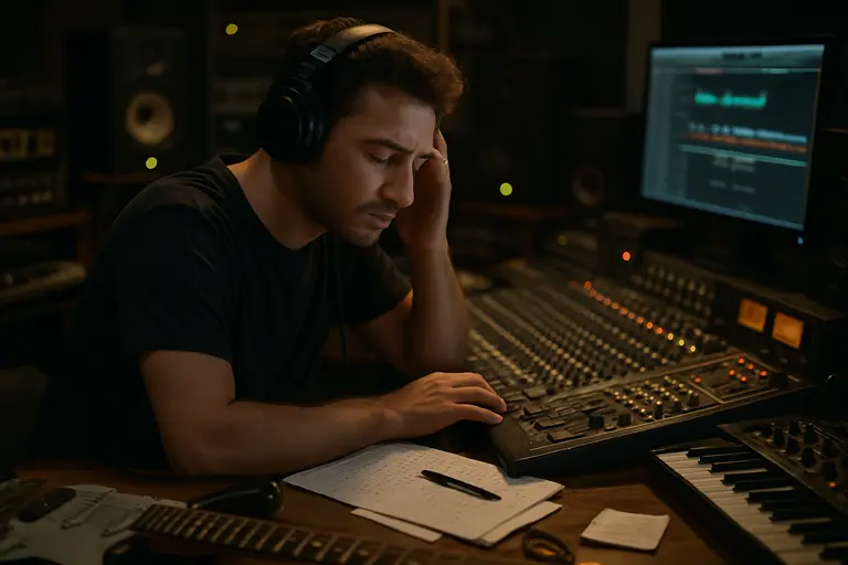 Audio engineer arranging tracks while reference records sit nearby