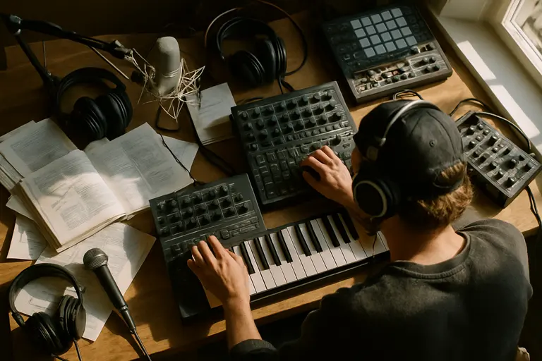 Digital mixing console with labeled channels and headphones nearby