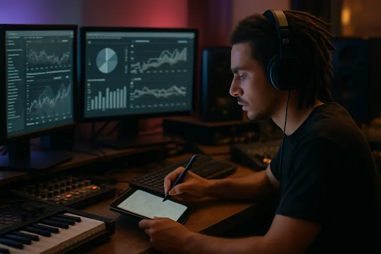 Music release spreadsheet shown beside a DAW session on a monitor