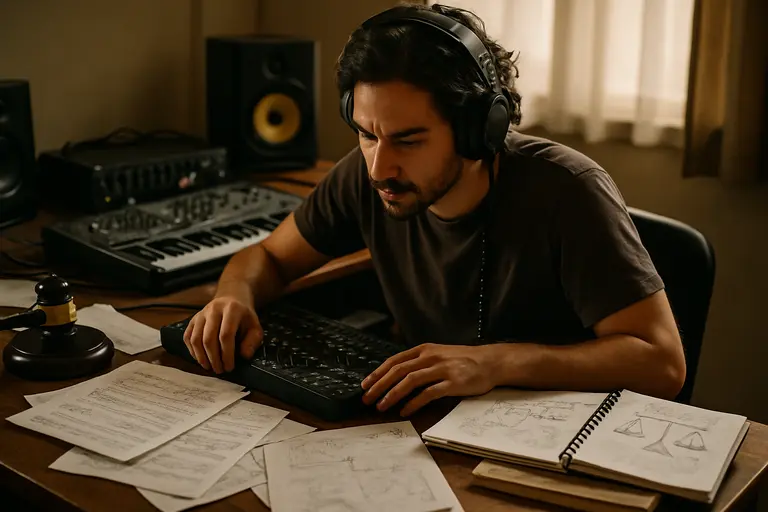 Producer editing waveforms with a notebook open beside the keyboard