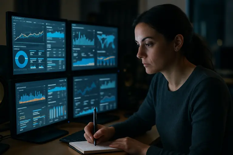 Analyst compares video performance charts on a desktop monitor