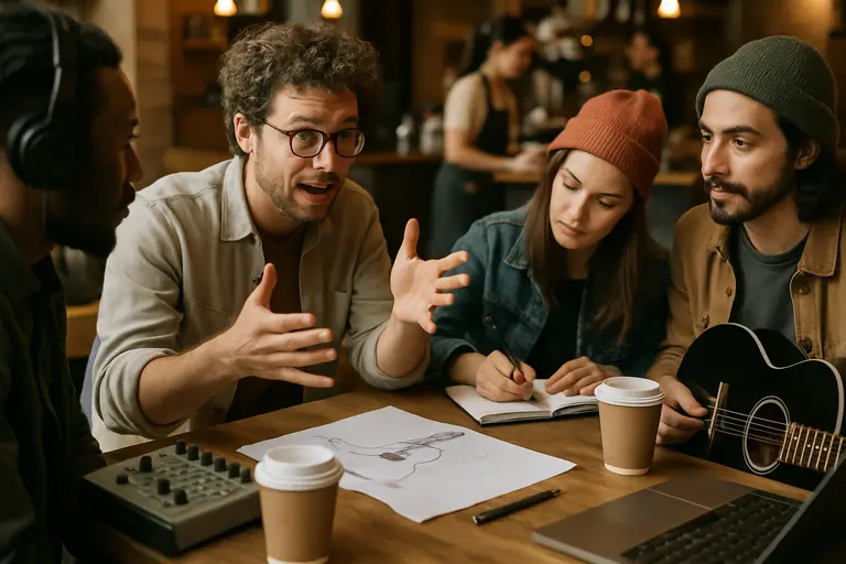 Artist organizing product notes, order data, and creative sketches on a desk