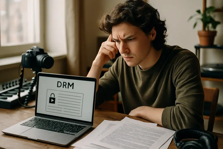 Musician organizing audio files, contracts, and video clips on a laptop