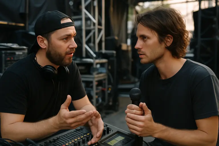 Electronic artist performing behind gear while an engineer watches the mix