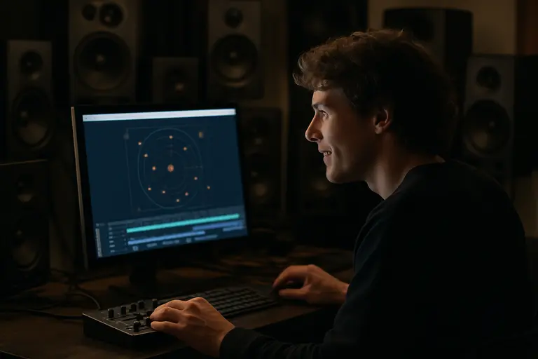 Hands playing an expressive MIDI controller in a dim production room