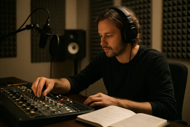Mastering monitors in a dim room with a quiet waveform on screen