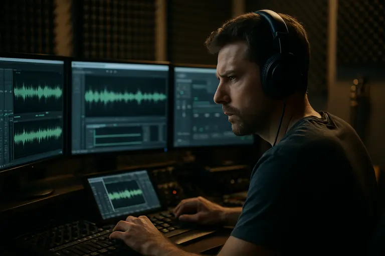 Mastering session screen with waveform meters and studio monitors