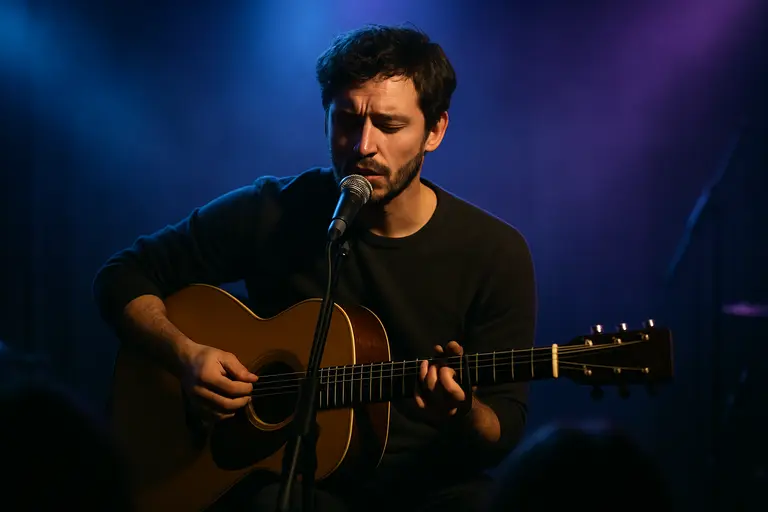 Performer in shadow with soft blue lighting and audio equipment nearby