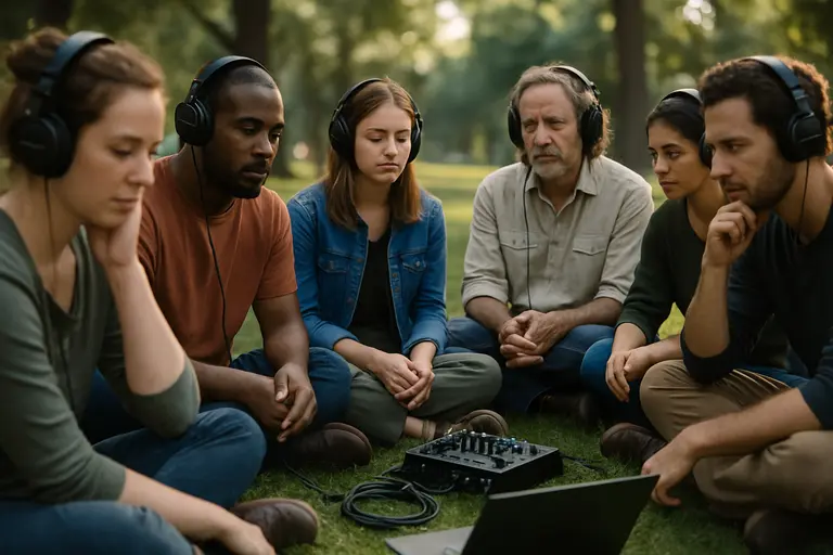 Small group listening together in an outdoor art space
