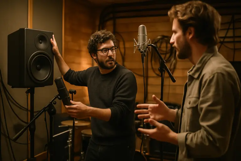 Studio monitors facing a session with stereo panning and automation lanes